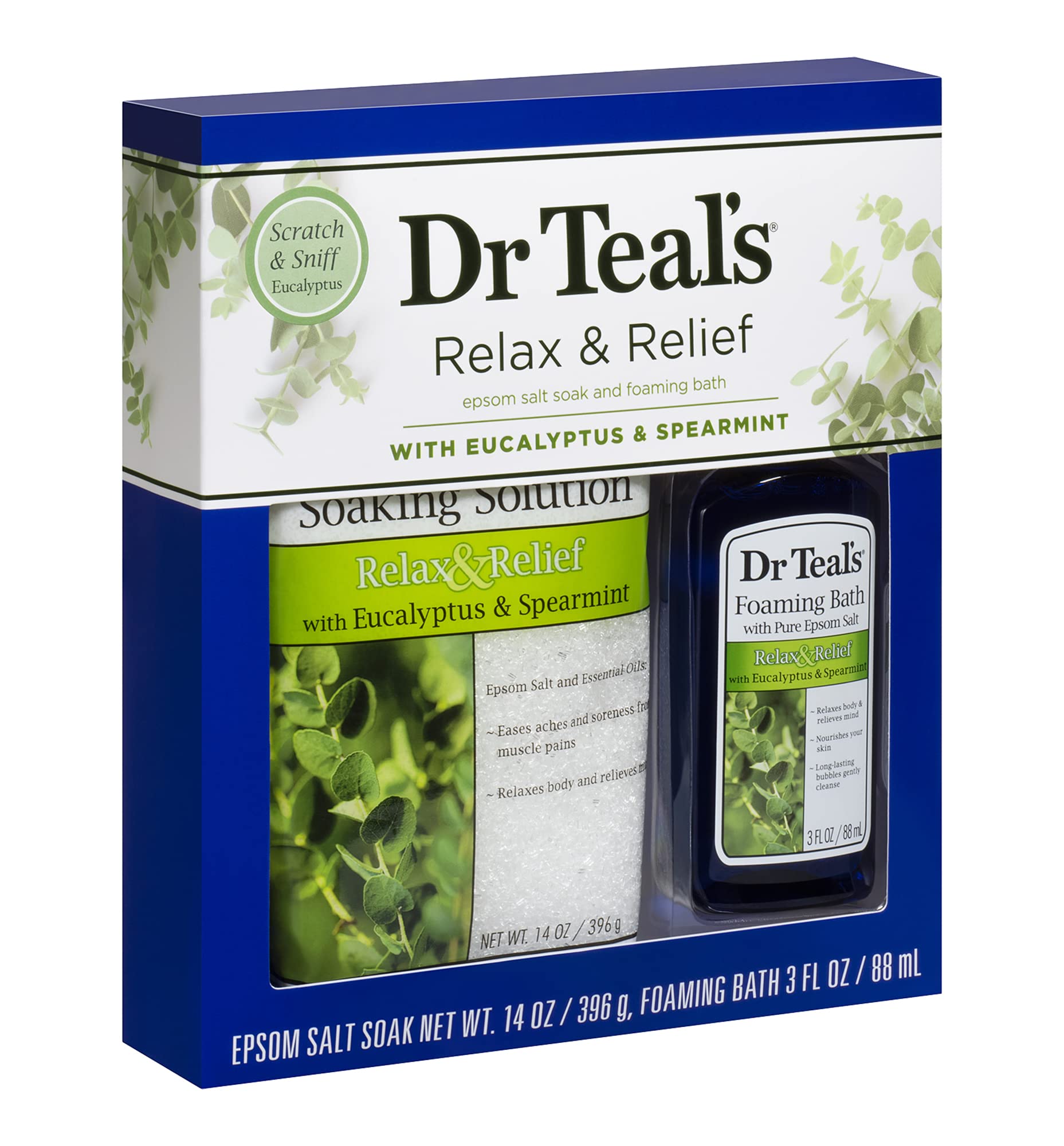 Dr Teal's Eucalyptus Epsom Salt & Foaming Bath Oil Sampler Gift Set - Give The Gift of Rejuvenation & Self Care! - 14 oz Bag of Eucalyptus Bath Salts & 3 oz Bottle of Eucalyptus Foaming Bath Oil